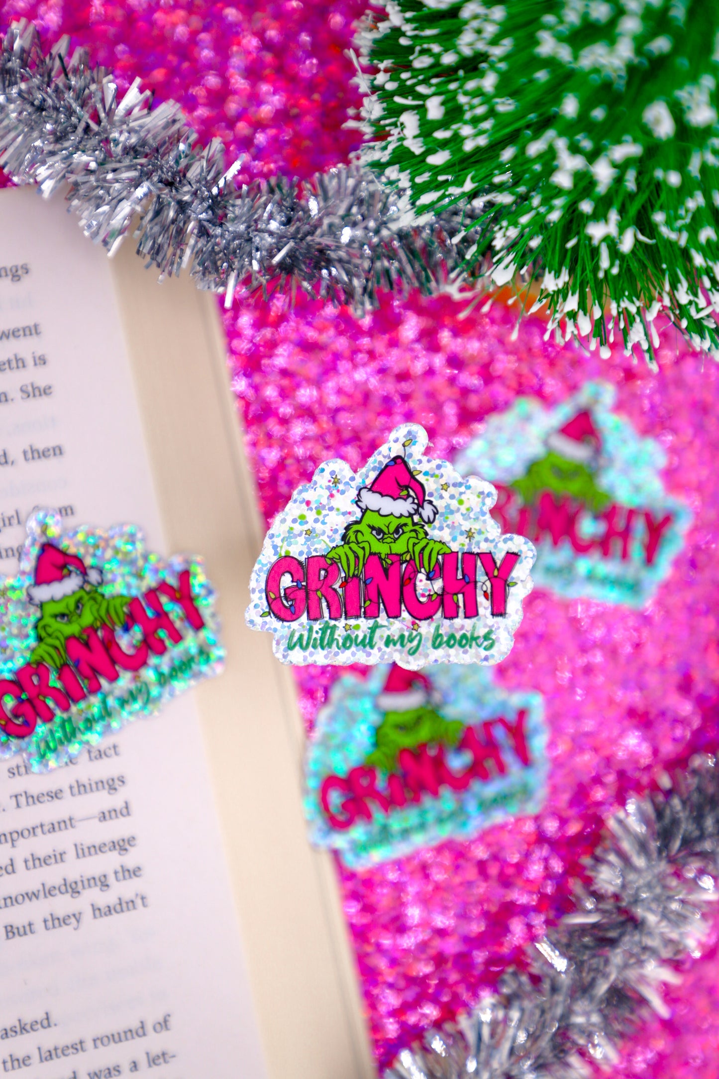 Grinchy Without My Books Mini Glitter Sticker