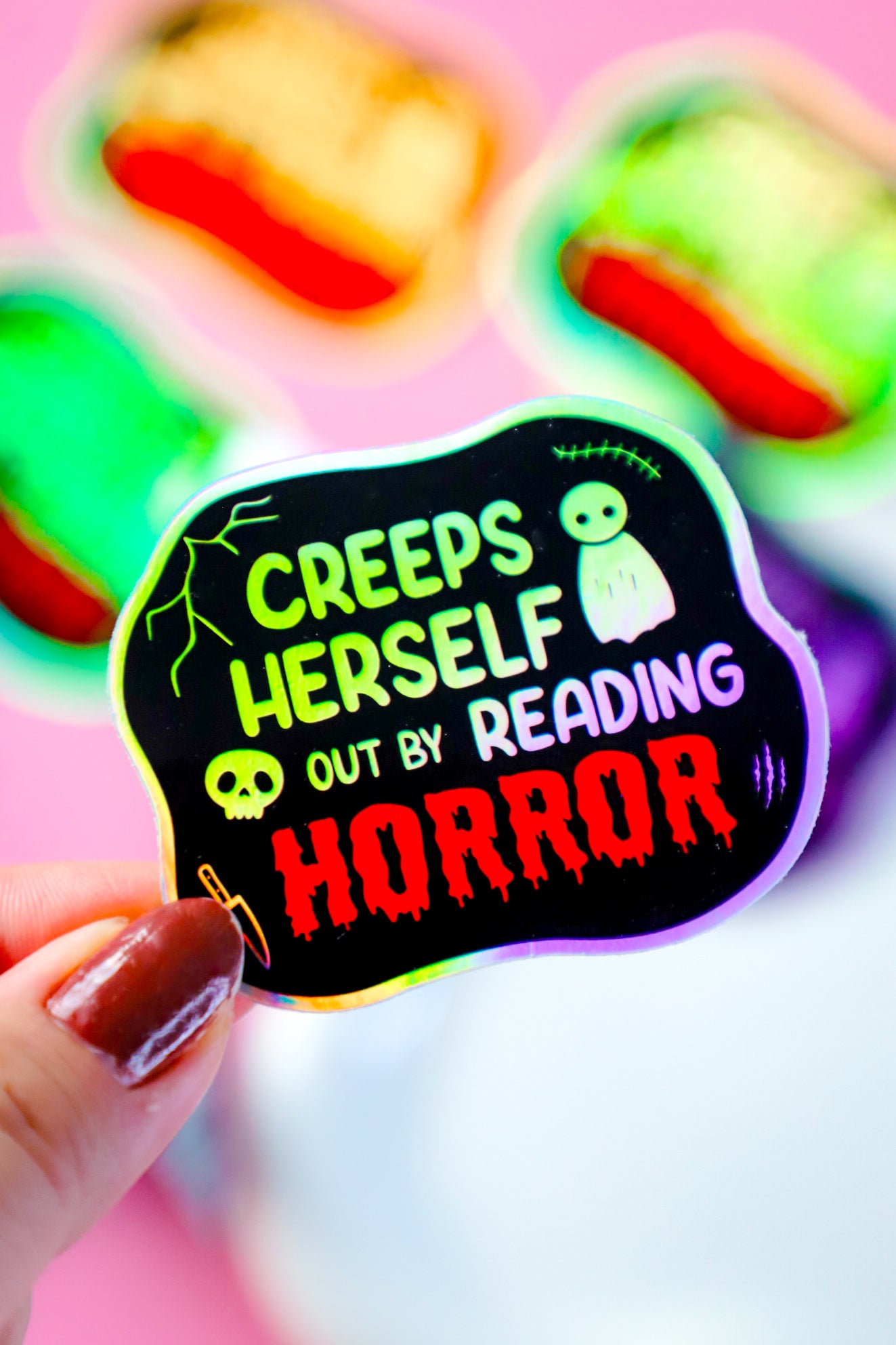 Creeps Herself Out By Reading Horror Holographic Sticker