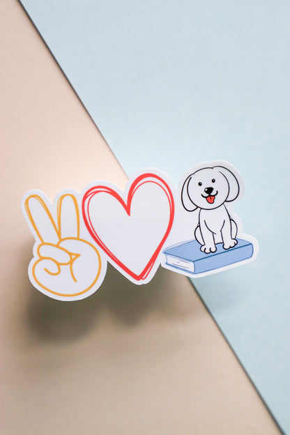 Peace Love Books & Dogs Sticker